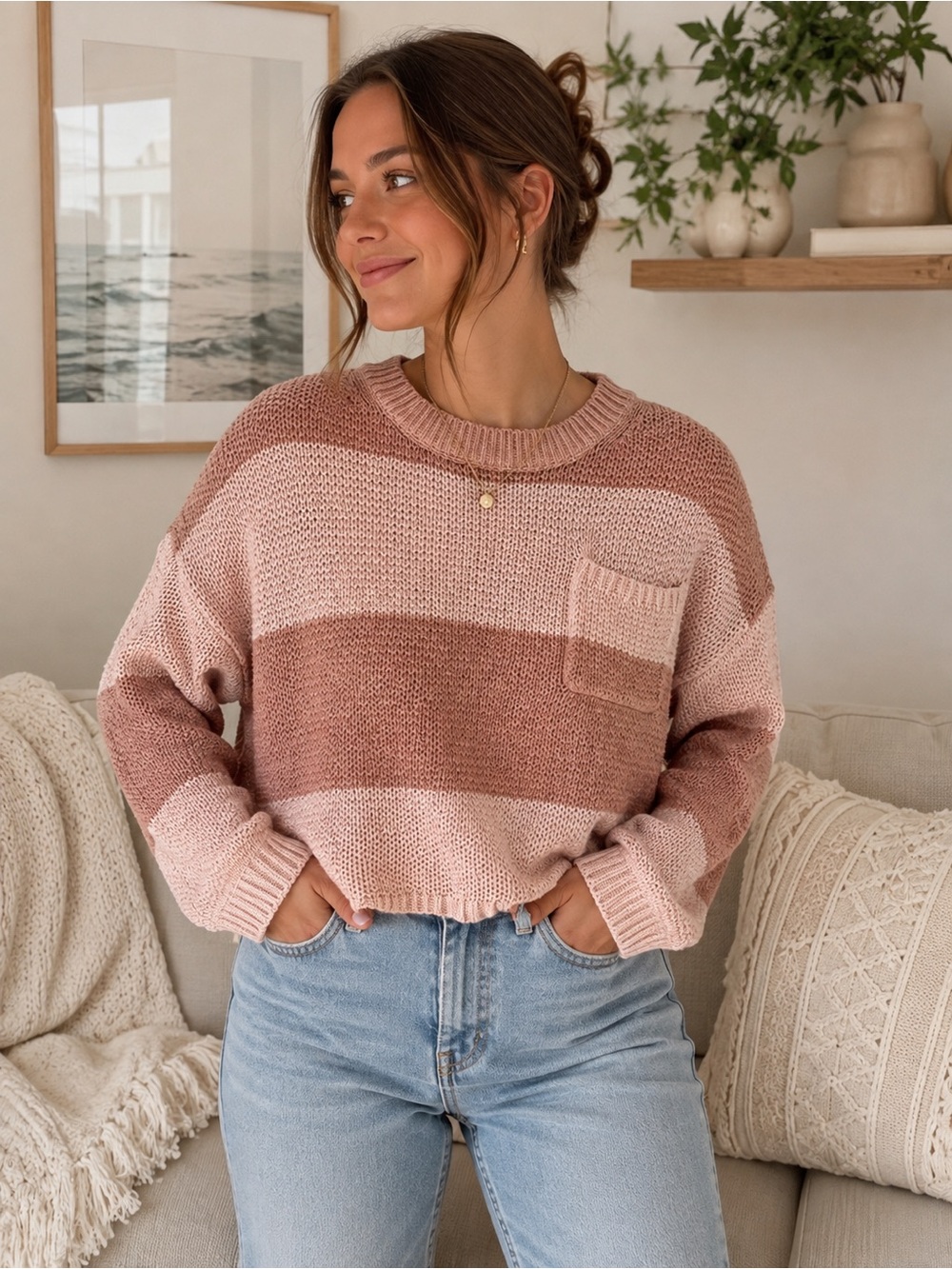American Eagle Pink Striped Oversized Chunky Knit Sweater Pocket L